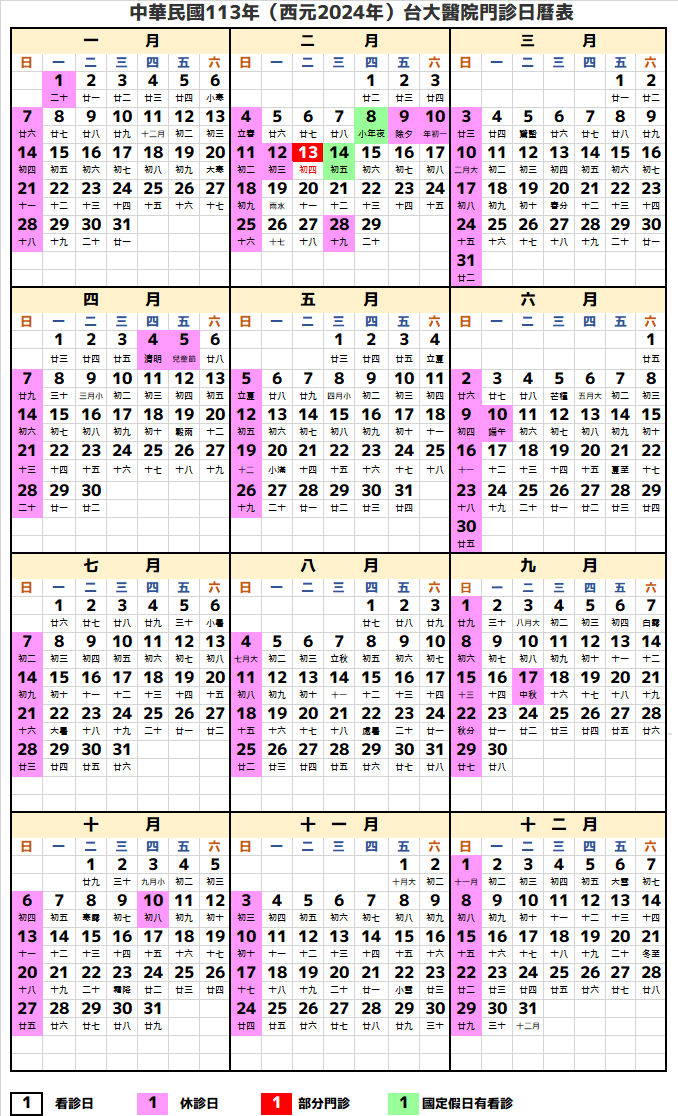 台大醫院行事曆2024年-民國113年