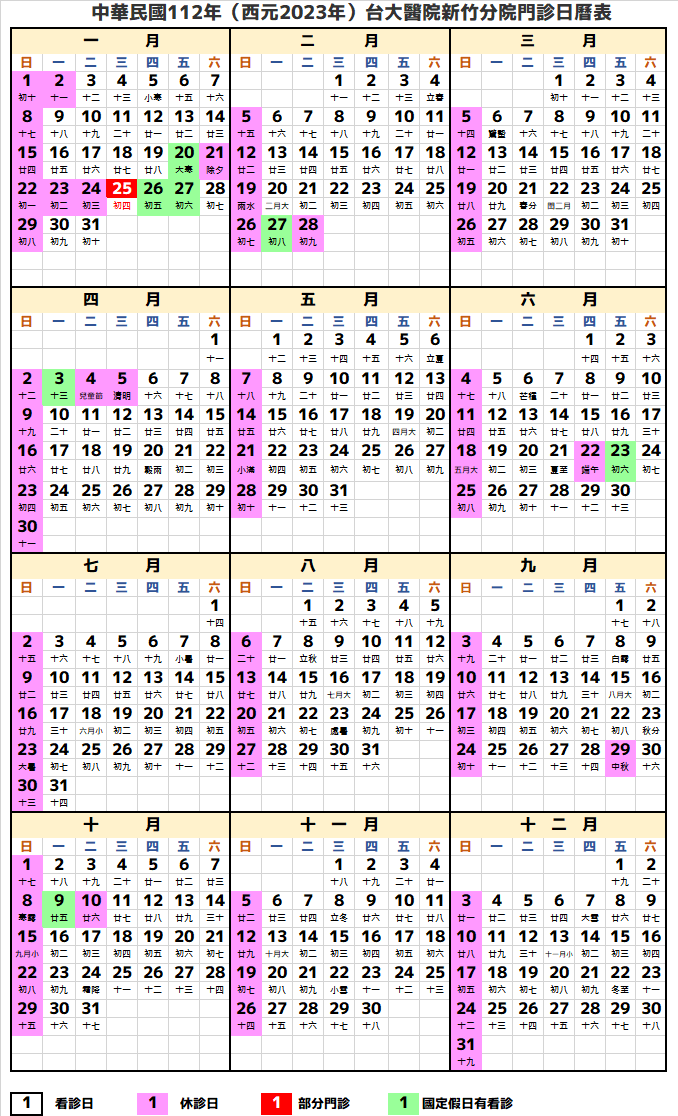 台大新竹分院行事曆2023年-民國112年